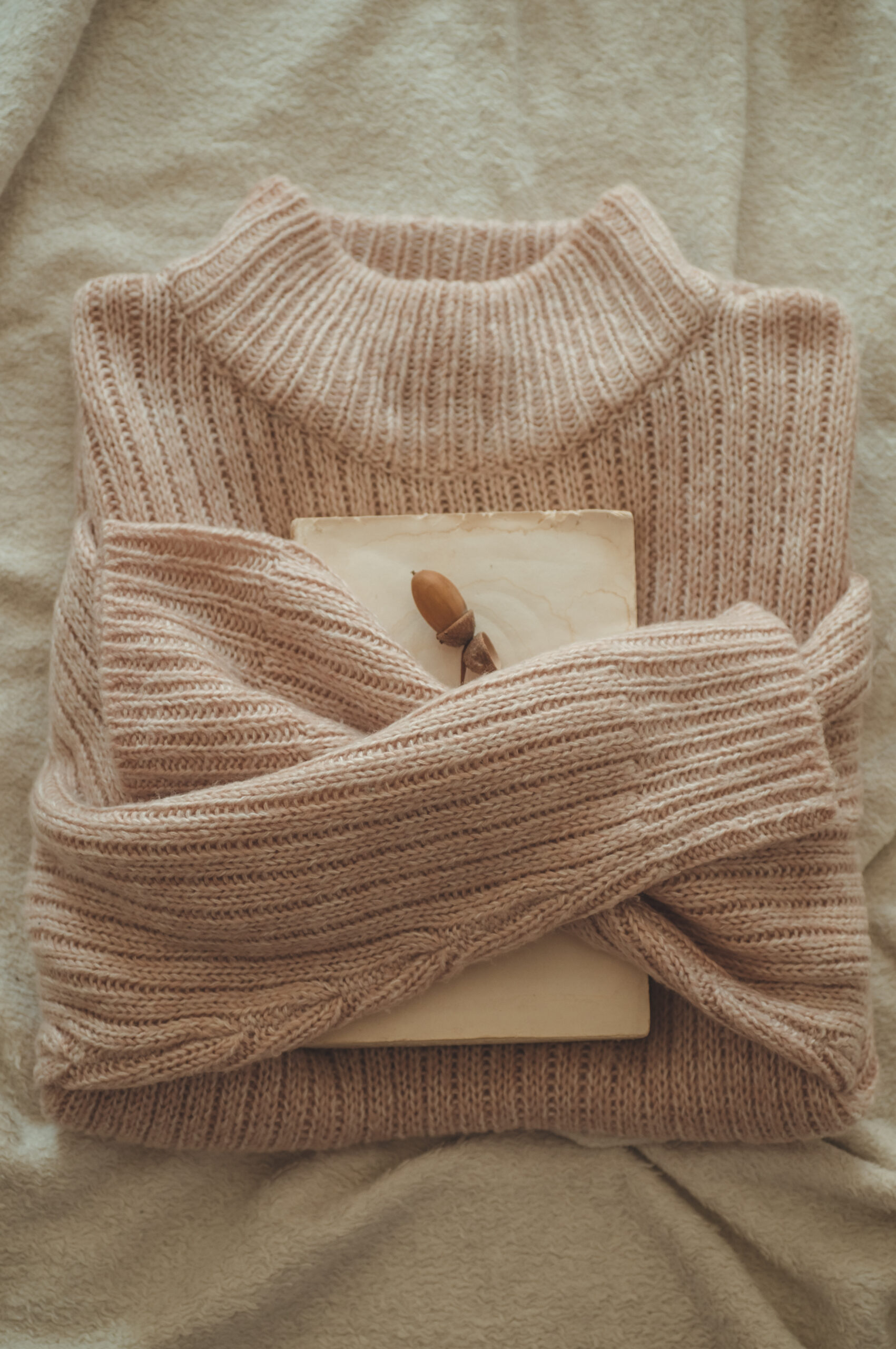 sweater hugs the book. On the book decor acorn. Read, Rest. Cozy autumn or winter concept.